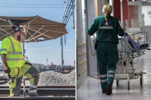 Collage of a nurse in a hospital and a construction worker in the sun.