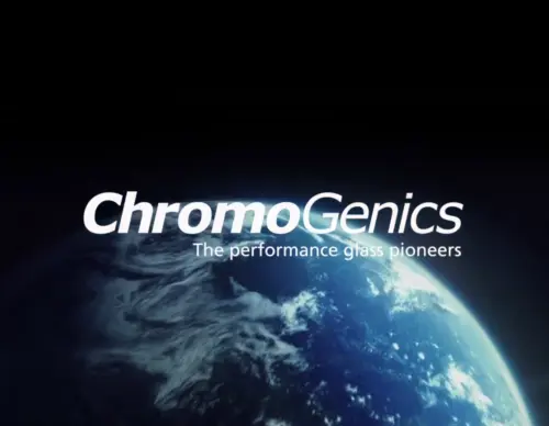White logo for ChromoGenics over a background of the globe from space