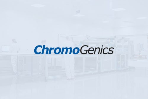 ChromoGenics logo in blue and black over a photo from the factory with white overaly