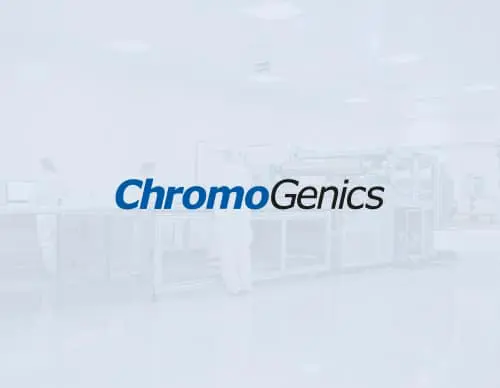 ChromoGenics logo in blue and black over a photo from the factory with white overlay.
