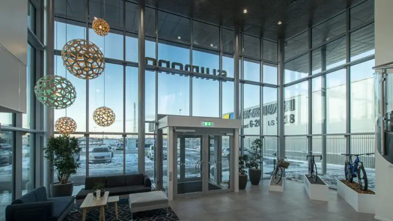 The entrance of the office building Shimano in Uppsala, Sweden
